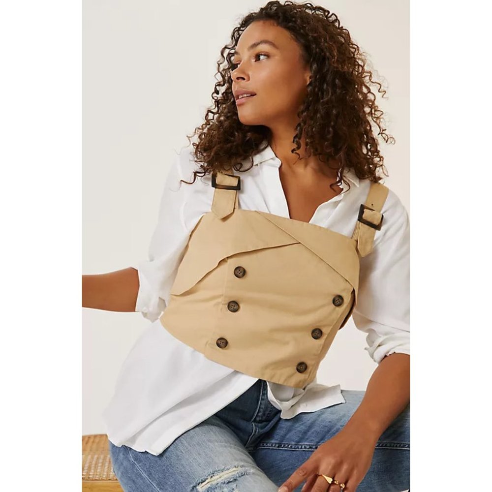 Anthropologie Eva Franco Trench Buttoned Beige Blouse with Adjustable Straps